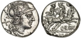 C. Renius, Denarius, Rome, 138 BC; AR (g 4,06; mm 16; h 4); Helmeted head of Roma r.; behind, X, Rv. Juno in biga of goats r.; below, C RENI; in ex. R...