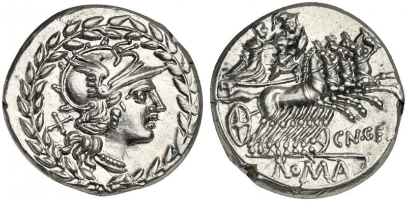 Cn. Gellius, Denarius, Rome, 138 BC; AR (g 4,04; mm 19; h 3); Helmeted head of R...