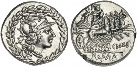 Cn. Gellius, Denarius, Rome, 138 BC; AR (g 4,04; mm 19; h 3); Helmeted head of Roma r.; behind, X; all within laurel wreath, Rv. Warrior (Mars ?) in q...
