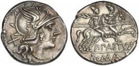 P. Aelius Paetus, Denarius, Rome, 138 BC; AR (g 3,78; mm 19; h 5); Helmeted head of Roma r.; behind, X, Rv. Dioscuri galloping r.; below, P PAETVS; in...