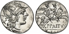 P. Aelius Paetus, Denarius, Rome, 138 BC; AR (g 3,47; mm 18; h 3); Helmeted head of Roma r.; behind, X, Rv. Dioscuri galloping r.; below, P PAETVS; in...