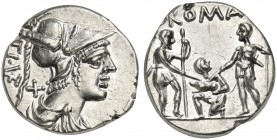 Ti. Veturius Gracchi f. Sempronianus, Denarius, Rome, 137 BC; AR (g 3,94; mm 19; h 9); Helmeted and draped bust of Mars r.; behind, X and TI VET, Rv. ...