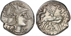 Sex. Pompeius Fostlus, Denarius, Rome, 137 BC; AR (g 3,89; mm 18; h 12); Helmeted head of Roma r.; behind, jug; before, X, Rv. She-wolf r., suckling t...