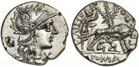 Sex. Pompeius Fostlus, Denarius, Rome, 137 BC; AR (g 3,96; mm 20; h 3); Helmeted head of Roma r.; behind, jug; before, X, Rv. She-wolf r., suckling tw...