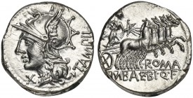 M. Baebius Q.f. Tampilus, Denarius, Rome, 137 BC; AR (g 3,99; mm 19; h 1); Helmeted head of Roma l.; behind, TAMPIL; before, X, Rv. Apollo in quadriga...
