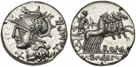 M. Baebius Q.f. Tampilus, Denarius, Rome, 137 BC; AR (g 3,87; mm 17; h 3); Helmeted head of Roma l.; behind, TAMPIL; before, X, Rv. Apollo in quadriga...