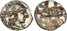 Cn. Lucretius Trio, Denarius, Rome, 136 BC; AR (g 4,06; mm 20; h 5); Helmeted head of Roma r.; behind, TRIO; before, X, Rv. The Dioscuri galloping r.;...