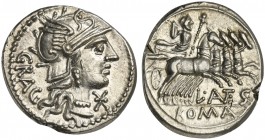 L. Antestius Gragulus, Denarius, Rome, 136 BC; AR (g 3,88; mm 20; h 2); Helmeted head of Roma r.; before, *; behind, GRAG, Rv. Jupiter in quadriga r.,...