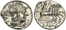 L. Antestius Gragulus, Denarius, Rome, 136 BC; AR (g 3,98; mm 20; h 4); Helmeted head of Roma r.; before, *; behind, GRAG, Rv. Jupiter in quadriga r.,...