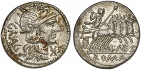 L. Antestius Gragulus, Denarius, Rome, 136 BC; AR (g 3,91; mm 19; h 10); Helmeted head of Roma r.; before, *; behind, GRAG, Rv. Jupiter in quadriga r....