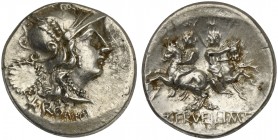C. Servilius M.f., Denarius, Rome, 136 BC; AR (g 3,94; mm 20; h 7); Helmeted head of Roma r.; behind, wreath; below, * and ROMA, Rv. The Dioscuri ridi...