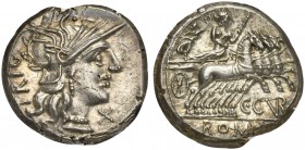 C. Curiatius C.f. Trigeminus, Denarius, Rome, 135 BC; AR (g 3,95; mm 18; h 7); Helmeted head of Roma r.; behind, TRIG; before, X, Rv. Juno, wearing di...