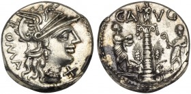 C. Minucius Augurinus, Denarius, Rome, 135 BC; AR (g 3,95; mm 18; h 1); Helmeted head of Roma r.; behind, ROMA; before, X, Rv. The Columna Minucia at ...