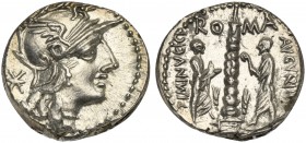 Ti. Minucius C.f. Augurinus, Denarius, Rome, 134 BC; AR (g 3,95; mm 18; h 1); Helmeted head of Roma r.; behind, *, Rv. The Columna Minucia at Porta Tr...