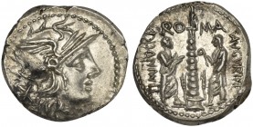 Ti. Minucius C.f. Augurinus, Denarius, Rome, 134 BC; AR (g 3,95; mm 19; h 9); Helmeted head of Roma r.; behind, *, Rv. The Columna Minucia at Porta Tr...