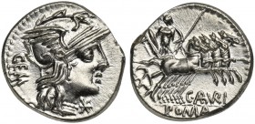 C. Aburius Geminus, Denarius, Rome, 134 BC; AR (g 3,96; mm 19; h 12); Helmeted head of Roma r.; behind, GEM; before, *, Rv. Mars in quadriga r., holdi...