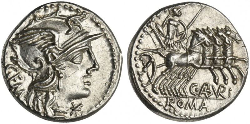 C. Aburius Geminus, Denarius, Rome, 134 BC; AR (g 3,88; mm 18; h 12); Helmeted h...