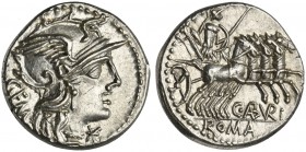 C. Aburius Geminus, Denarius, Rome, 134 BC; AR (g 3,88; mm 18; h 12); Helmeted head of Roma r.; behind, GEM; before, *, Rv. Mars in quadriga r., holdi...