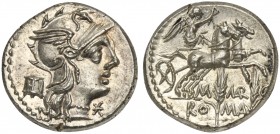 M. Marcius Mn.f., Denarius, Rome, 134 BC; AR (g 3,95; mm 17; h 6); Helmeted head of Roma r.; before, *; behind, modius, Rv. Victory in biga r., holdin...