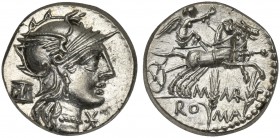 M. Marcius Mn.f., Denarius, Rome, 134 BC; AR (g 3,92; mm 17; h 1); Helmeted head of Roma r.; before, *; behind, modius, Rv. Victory in biga r., holdin...