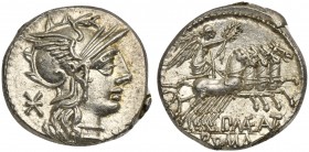 P. Maenius M.f. Antiaticus, Denarius, Rome, 132 BC; AR (g 3,87; mm 19; h 7); Helmeted head of Roma r.; behind, *, Rv. Victory in quadriga r., holding ...