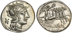 P. Maenius M.f. Antiaticus, Denarius, Rome, 132 BC; AR (g 3,93; mm 19; h 6); Helmeted head of Roma r.; behind, *, Rv. Victory in quadriga r., holding ...