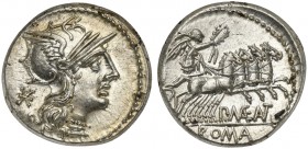 P. Maenius M.f. Antiaticus, Denarius, Rome, 132 BC; AR (g 3,88; mm 19; h 2); Helmeted head of Roma r.; behind, *, Rv. Victory in quadriga r., holding ...