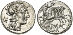 P. Maenius M.f. Antiaticus, Denarius, Rome, 132 BC; AR (g 3,97; mm 18; h 6); Helmeted head of Roma r.; behind, *, Rv. Victory in quadriga r., holding ...