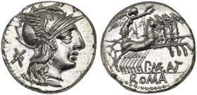 P. Maenius M.f. Antiaticus, Denarius, Rome, 132 BC; AR (g 4,02; mm 18; h 6); Helmeted head of Roma r.; behind, *, Rv. Victory in quadriga r., holding ...