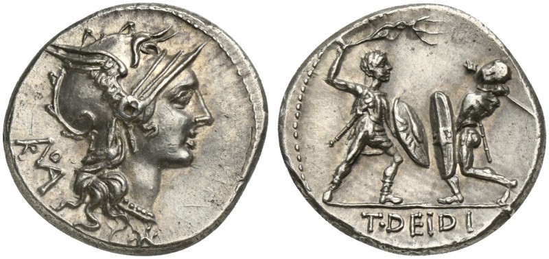 T. Didius, Denarius, Rome, 113 or 112 BC; AR (g 3,95; mm 19; h 7); Helmeted head...