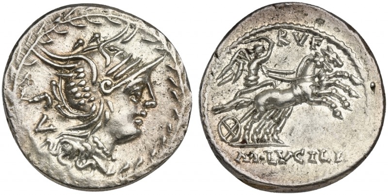 M. Lucilius Rufus, Denarius, Rome, 101 BC; AR (g 4,00; mm 20; h 2); Helmeted hea...