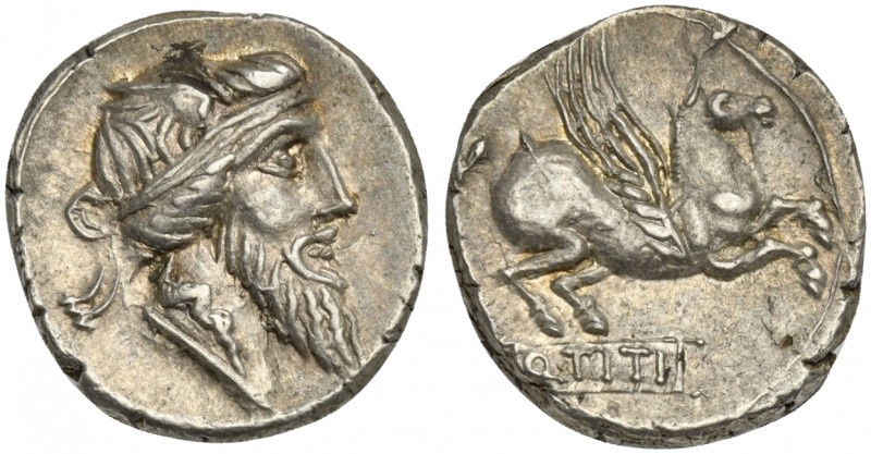 Q. Titius, Denarius, Rome, 90 BC; AR (g 3,97; mm 17; h 12); Bearded head r., wea...