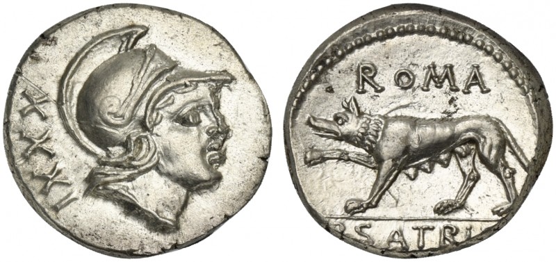 P. Satrienus, Denarius, Rome, 77 BC; AR (g 3,77; mm 17; h 6); Helmeted head of R...