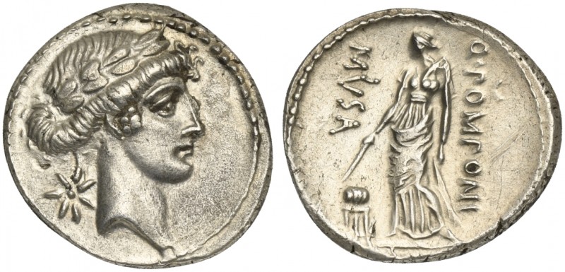 Q. Pomponius Musa, Denarius, Rome, 66 BC; AR (g 3,96; mm 18; h 5); Laureate head...