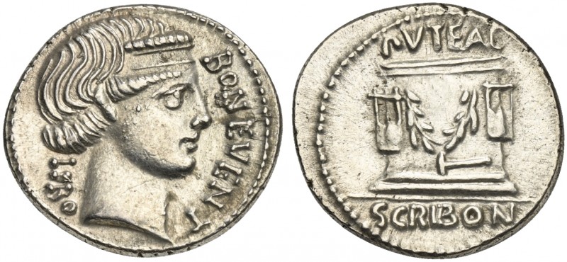 L. Scribonius Libo, Denarius, Rome, 62 BC; AR (g 4,04; mm 20; h 6); Head of Bonu...