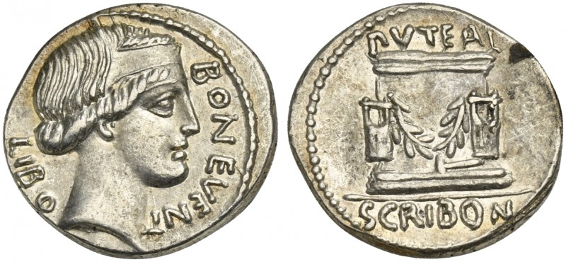 L. Scribonius Libo, Denarius, Rome, 62 BC; AR (g 3,95; mm 19; h 6); Head of Bonu...