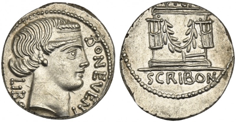 L. Scribonius Libo, Denarius, Rome, 62 BC; AR (g 3,94; mm 19; h 5); Head of Bonu...