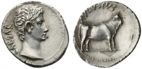 Augustus (27 BC - AD 14), Denarius, Pergamum or Samos, 27 BC; AR (g 3,44; mm 20; h 12); CAESAR, bare head r., Rv. AVGVSTVS, young bull standing r. RIC...