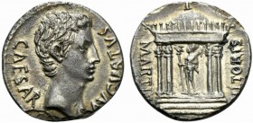Augustus (27 BC - AD 14), Denarius, Caesaraugusta (?), ca. 19-18 BC; AR (g 3,40; mm 18; h 7); CAESAR - AVGVSTVS, bare head r., Rv. MARTIS - VLTORIS, c...