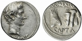 Augustus (27 BC - AD 14), Denarius, Pergamum, 19-18 BC; AR (g 3,78; mm 18; h 1); AVGVSTVS, bare head r., Rv. ARMENIA / CAPTA, tiara and bow case with ...