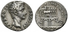 Augustus (27 BC - AD 14), Denarius, Colonia Patricia (?), 18-16 BC; AR (g 3,61; mm 18; h 6); S P Q R CAESARI - AVGVSTO, bare head r., Rv. QVOD – VIAE ...