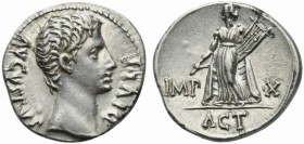 Augustus (27 BC - AD 14), Denarius, Lugdunum, 15 BC; AR (g 3,85; mm 18; h 7); AVGVSTVS - DIVI F, bare head r., Rv. IMP - X, Apollo Citharoedus standin...