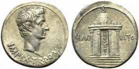 Augustus (27 BC - AD 14), Cistophorus, Pergamum, 19-18 BC; AR (g 11,63; mm 25; h 11); IMP IX TR PO V, bare head r., Rv. Temple of Mars Ultor: circular...