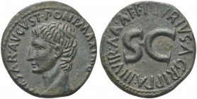 Augustus (27 BC - AD 14), As struck by P. Lurius Agrippa, Rome, 7 BC; AE (g 12,23; mm 27; h 6); CAESAR AVGVST PONT MAX TRIBVNIC POT, bare head l., Rv....