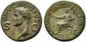 Divus Augustus, Dupondius struck under Caligula, Rome, AD 37-41; AE (g 14,27; mm 29; h 6); DIVVS AVGVSTVS, radiate head l.; in field, S - C, Rv. CONSE...