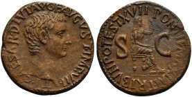 Tiberius (14-37), As, Rome, AD 15-16; AE (g 11,16; mm 28; h 1); TI CAESAR DIVI AVG F AVGVST IMP VII, bare head r., Rv. PONTIF MAXIM TRIBVN POTEST XVII...