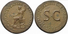 Tiberius (14-37), Sestertius, Rome, AD 22-23; AE (g 26,37; mm 35; h 11); CIVITATIBVS ASIAE - RESTITVTIS, Tiberius laureate, seated l., foot on stool, ...