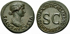 Livia, Dupondius struck under Tiberius, Rome, AD 21-22; AE (g 15,12; mm 29; h 7); SALVS AVGVSTA, draped bust of Livia-Salus r., hair knotted behind, R...