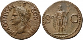 Agrippa, As struck under Caligula, Rome, AD 37-41; AE (g 13,28; mm 29; h 6); M AGRIPPA L - F - COS III, head l., wearing rostral crown, Rv. Neptune cl...