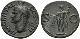 Agrippa, As struck under Caligula, Rome, AD 37-41; AE (g 10,91; mm 28; h 6); M AGRIPPA L - F - COS III, head l., wearing rostral crown, Rv. Neptune cl...